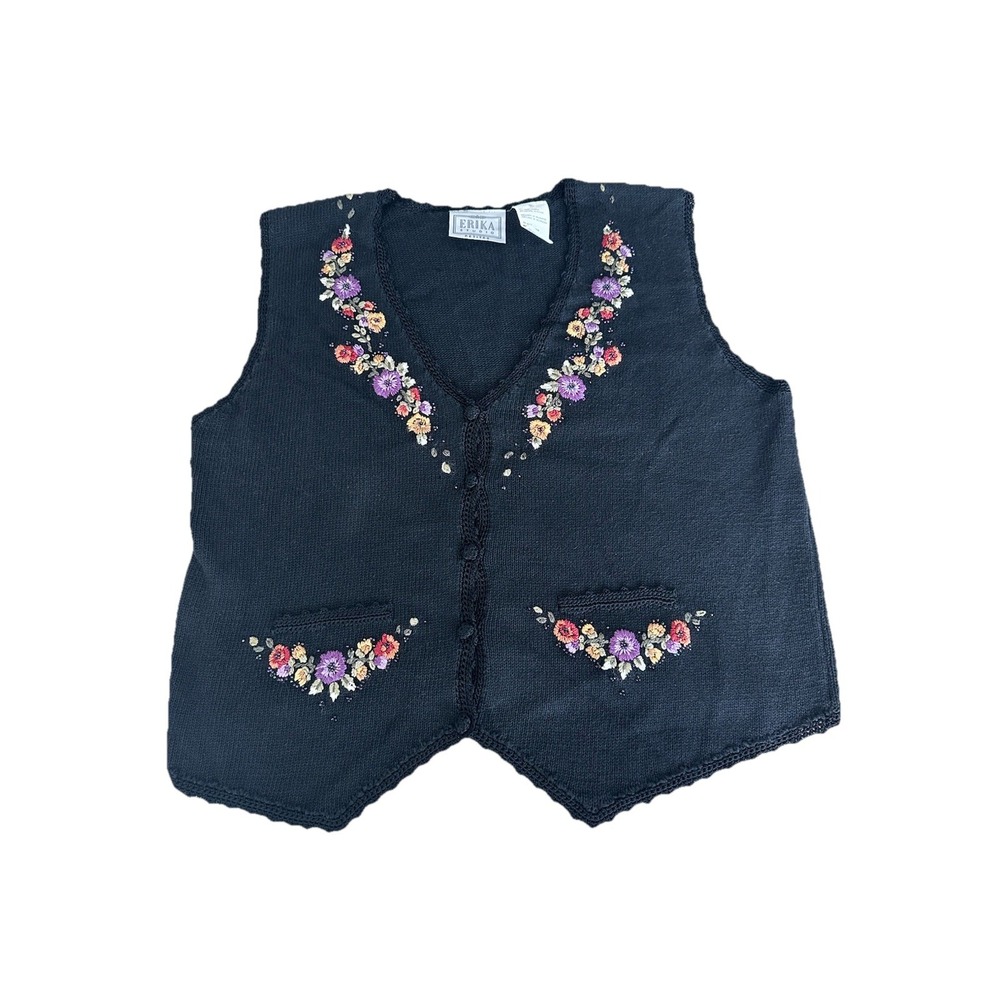 VTG Erika Button Embroidered Vest Black Floral Cottage Cotton Ramie Women L P
